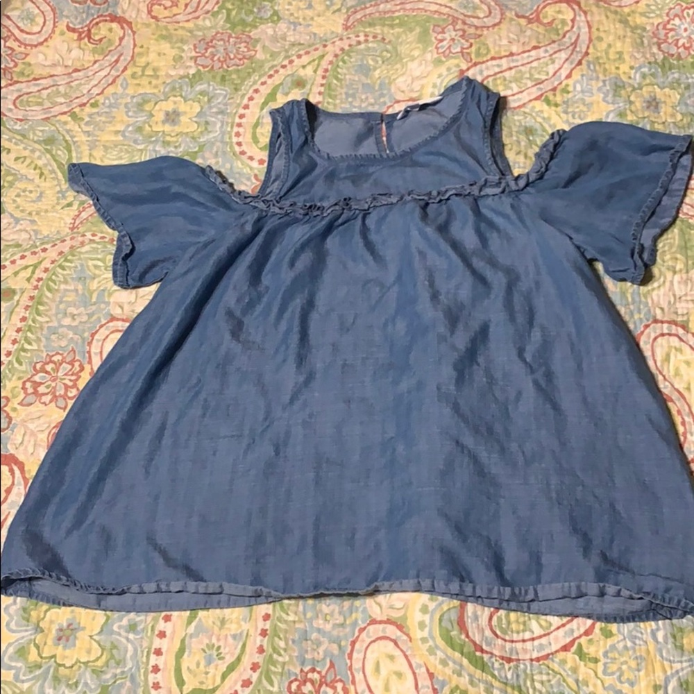 Blue jean half off the shoulders blouse